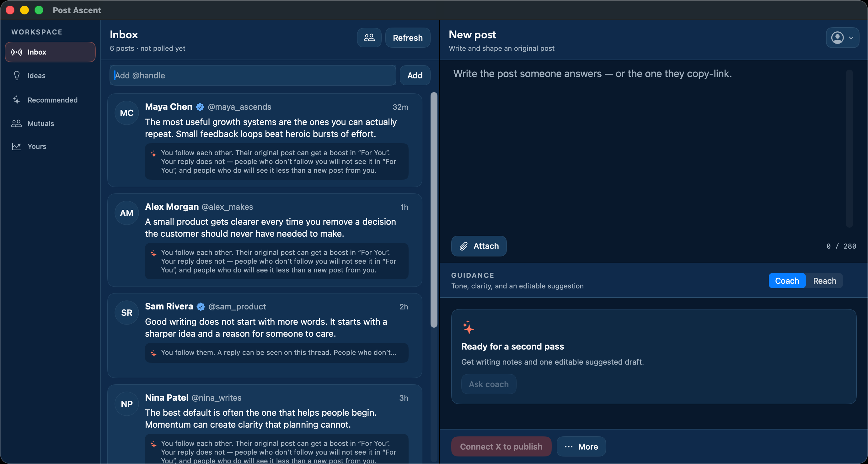 The Post Ascent Inbox: posts from people you follow, each with a note about who will see your reply.